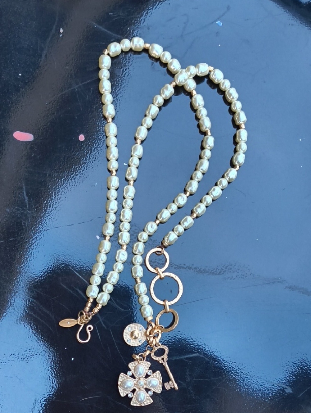 Gold-Tone Pearl Beaded Pendant Necklace with Charm Accents